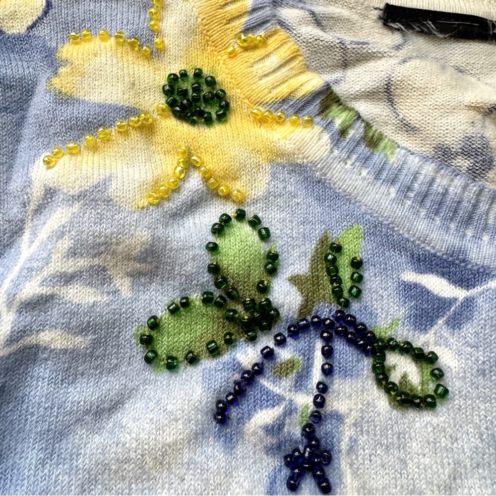 Blue Yellow Flower Print Cardigan w. Beading Size S - Picture 6 of 9
